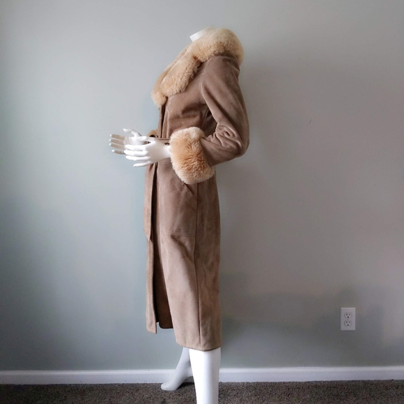 Vtg 70s Almost Famous Shearling Collar Cuffs Suede Maxi Wrap Trench Coat XS S - Picture 5 of 7